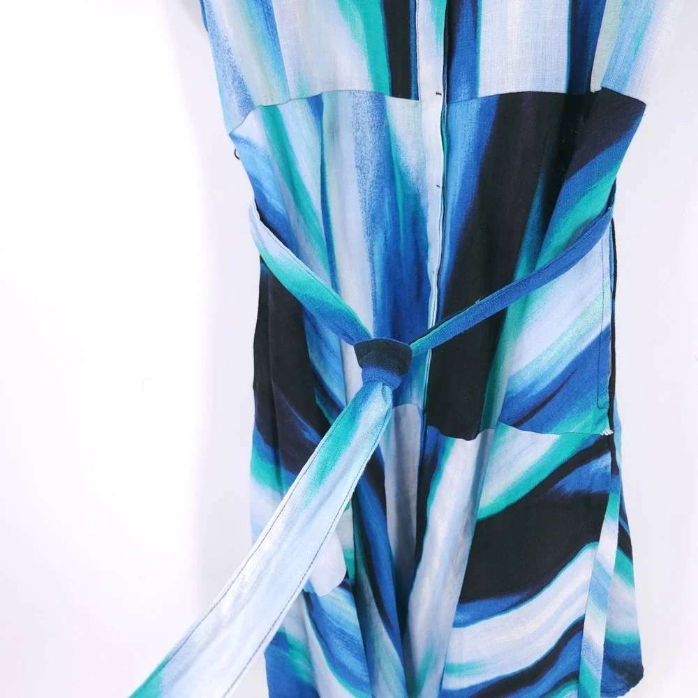 DKNY Brushstroke Caribbean Printed Asymmetrical Button Fit & Flare Dress Size 10